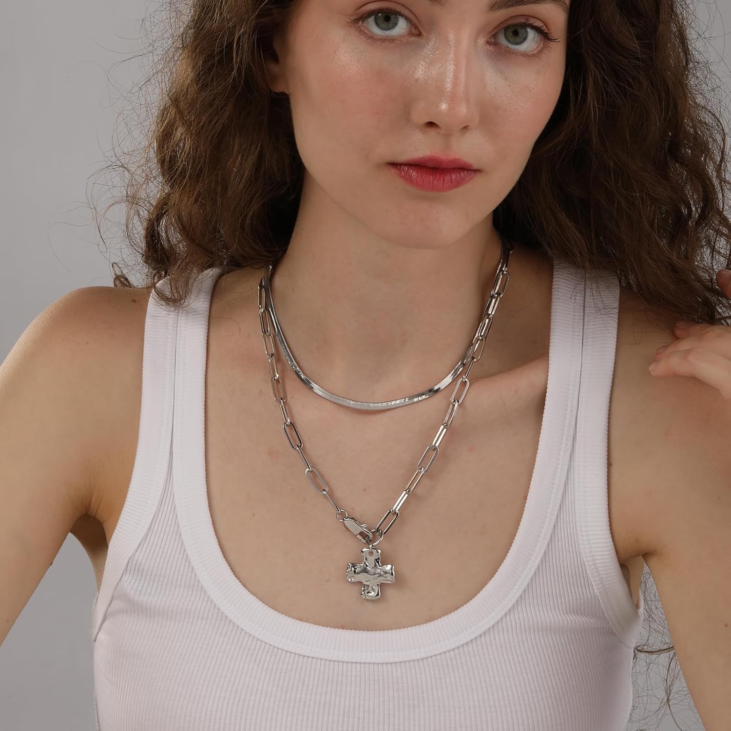 Chunky Cross Necklace for Women Trendy 14K Silver Layered Statement Cross