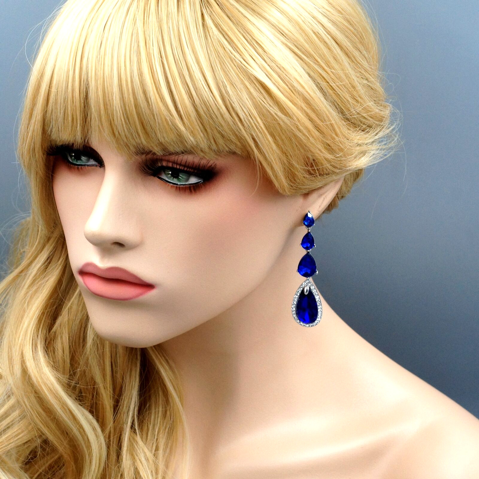 Women Rhodium Plated Blue Crystal Rhinestone Tassel Drop Dangle Earrings 06600