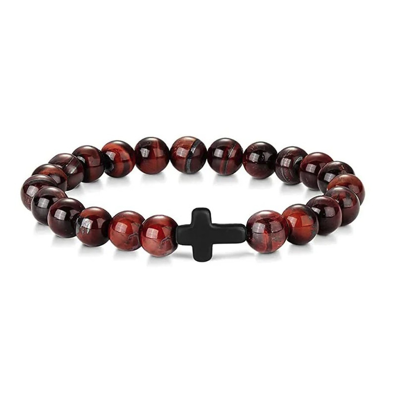 1pc Natural Stone & Wood Bead Prayer Bracelet with Cross – NEW