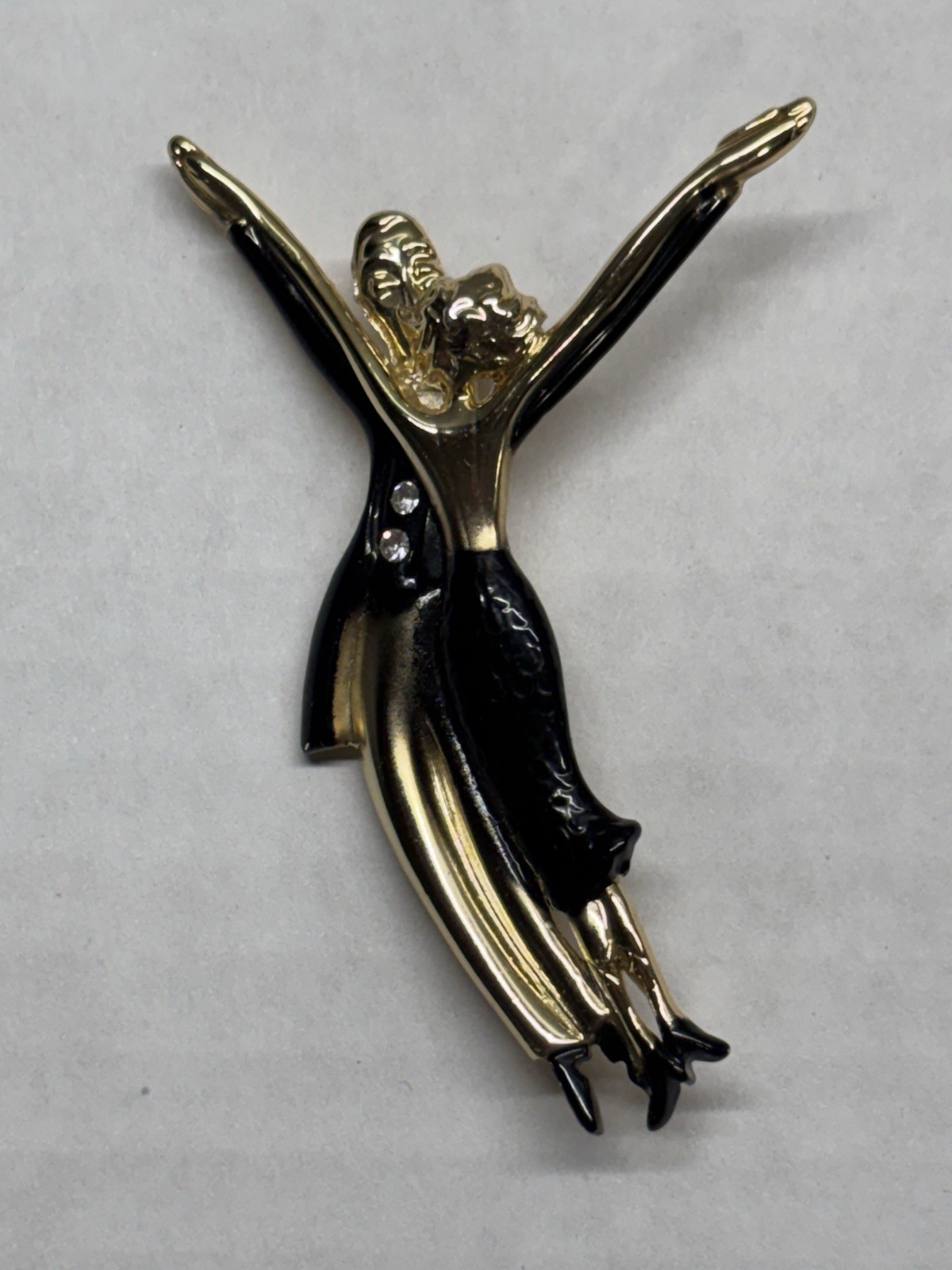 Vtg 3″ Gold Tone Male Female Ballroom Dancer Couple Pin Brooch w/ Rhinestones