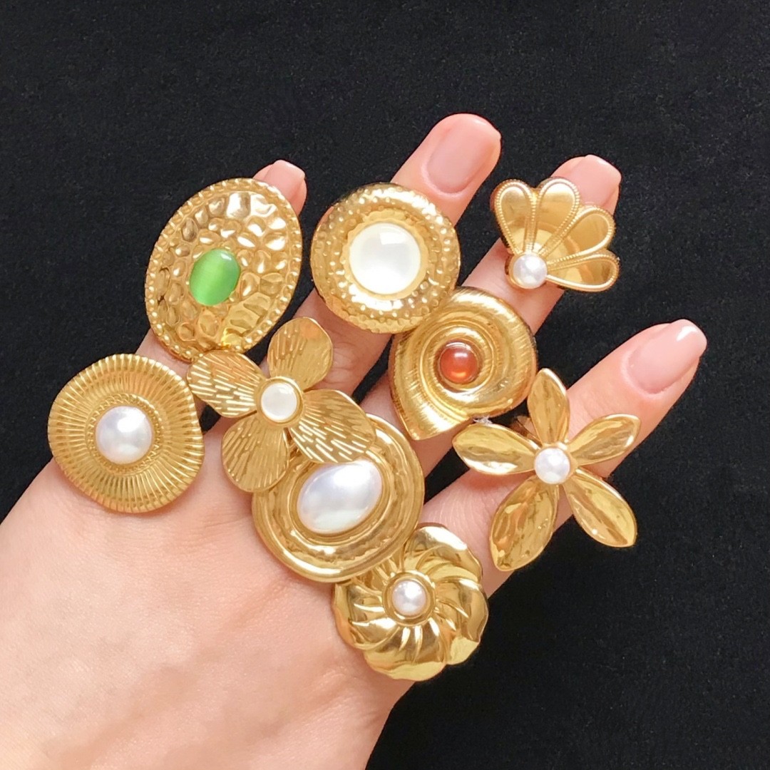 Bulk Lot 20pc Mix Gold 3D Flower Pearl Stone Stainless Steel Rings Women Jewelry