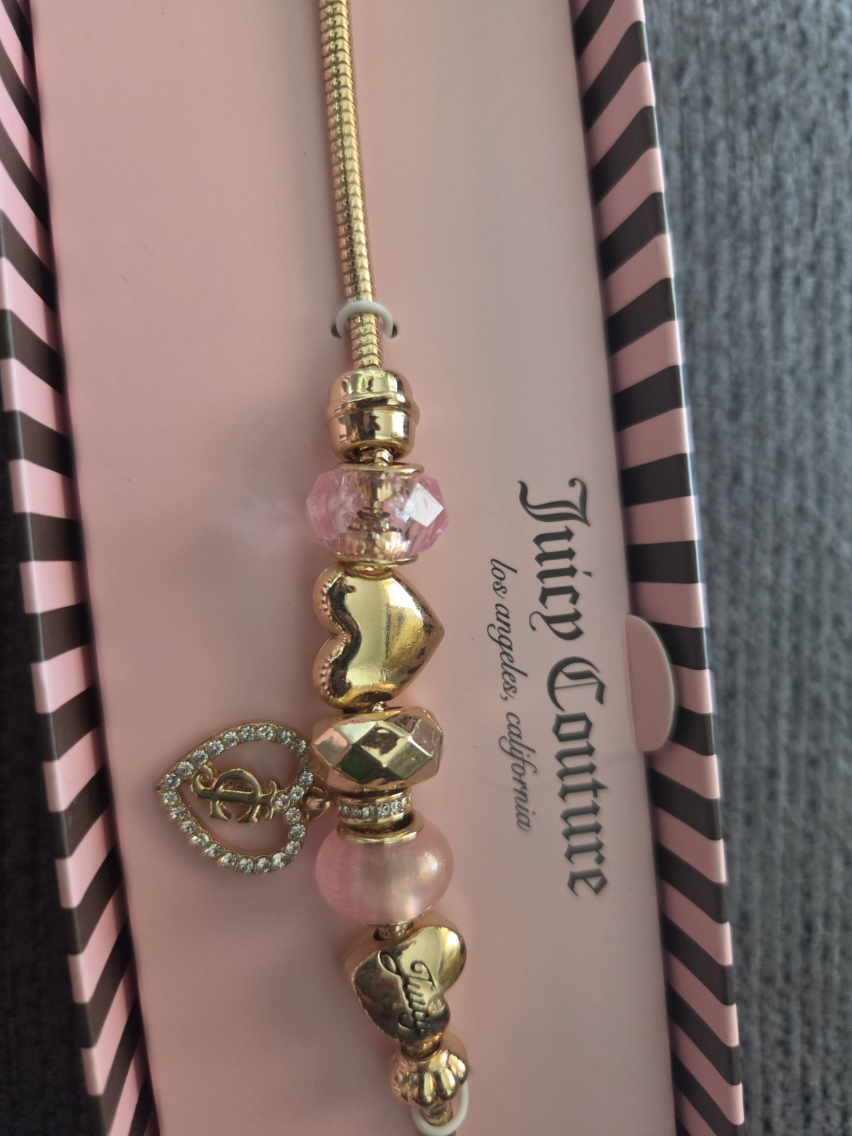 Juicy Couture Bracelet Gold Heart Lock Crown Key Green Pink Beaded Charms New