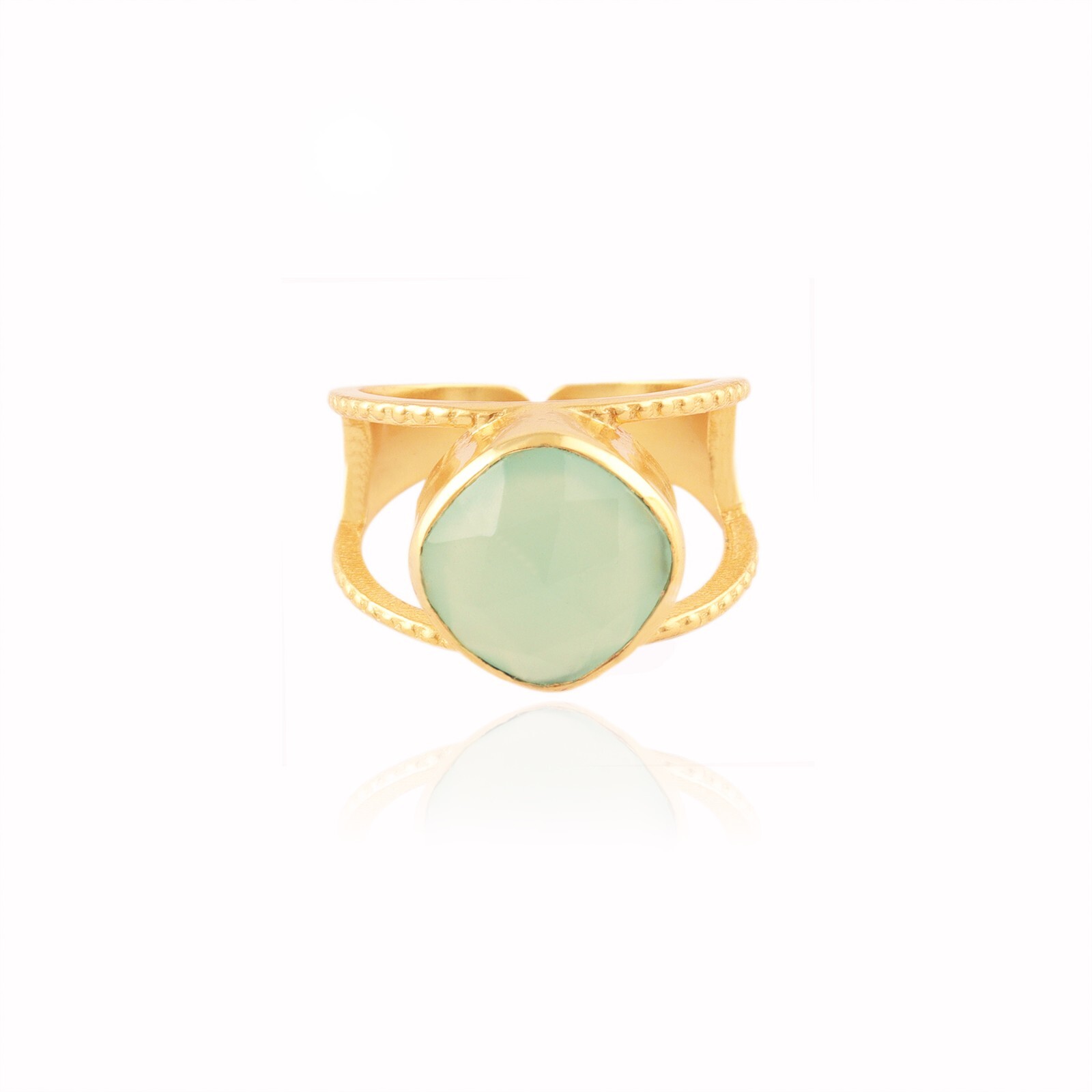 Aqua Chalcedony Gemstone Ring Double Leyer Gold Plated Stackable Adjustable Ring