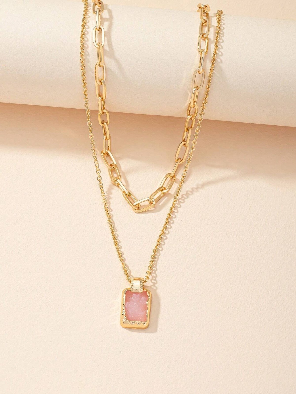 Layered Druzy Stone Pendant Necklace Gold Plated Stainless Steel Boho Women