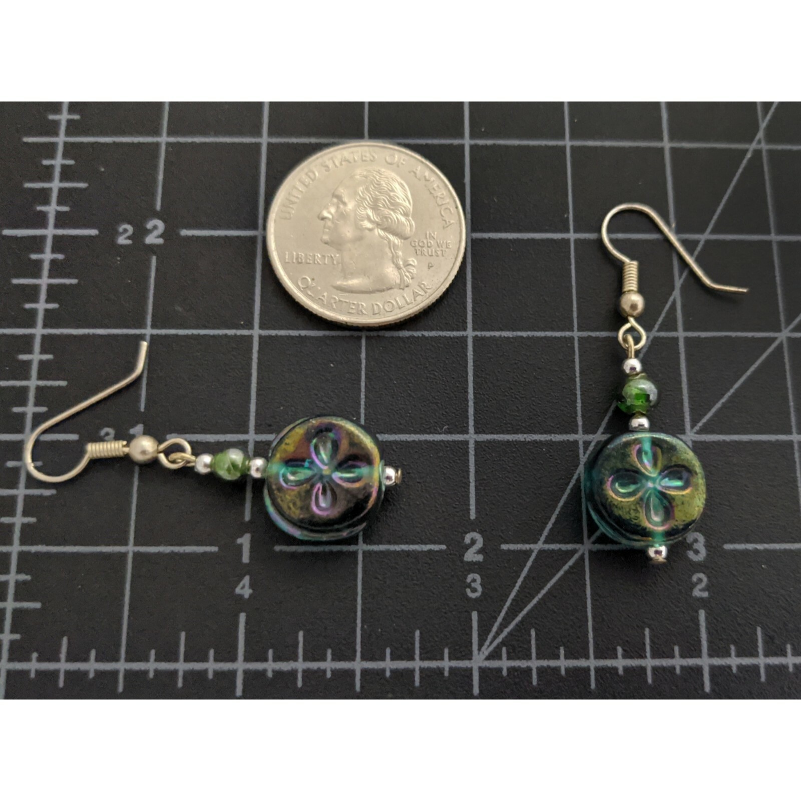 Blue Carnival Art Glass Earrings Small Flat Round Pierced Dangle Hooks