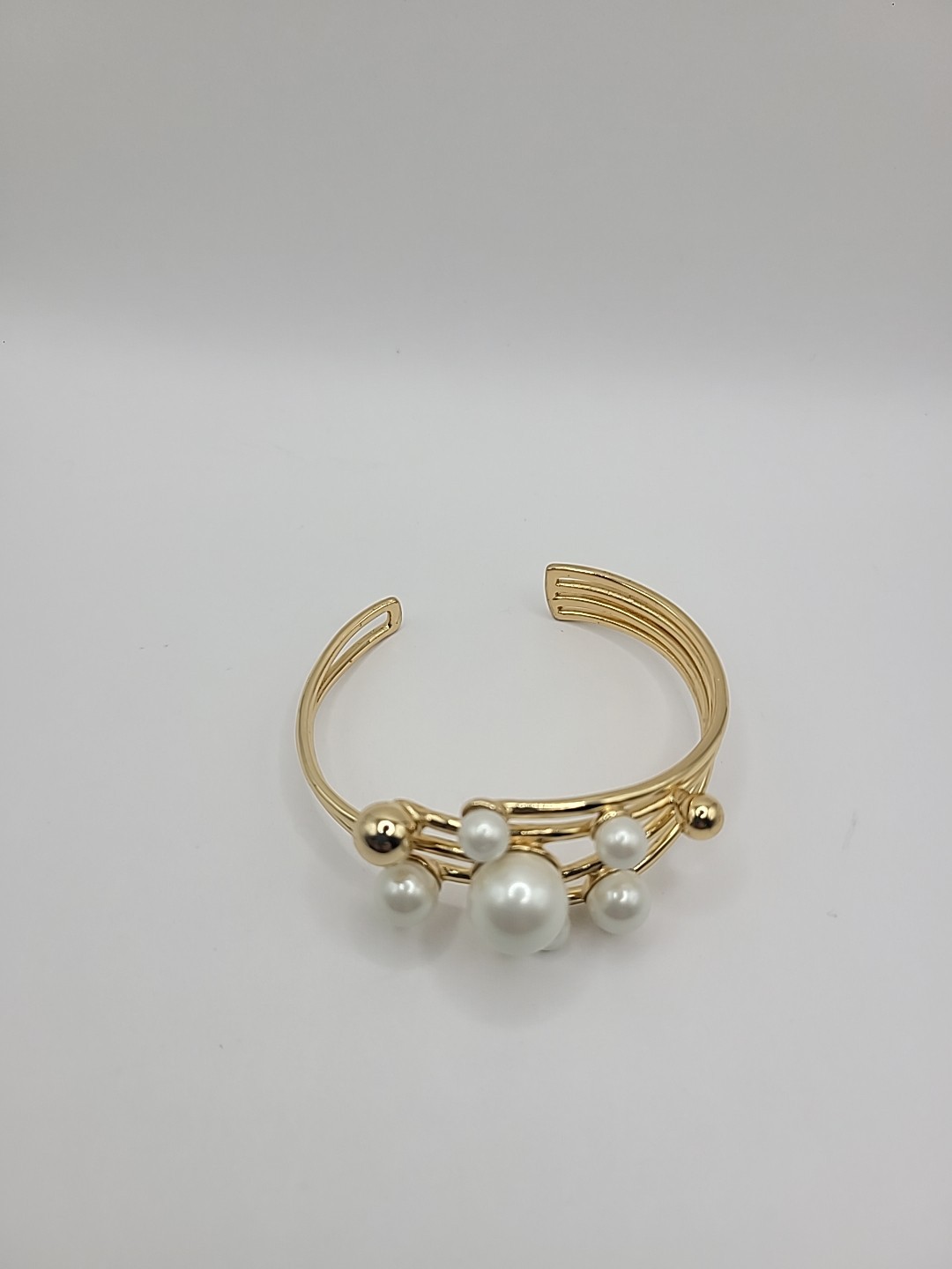 Gold Tone Faux Pearl Cuff Bracelet Multi Strand Open Bangle Statement Elegant