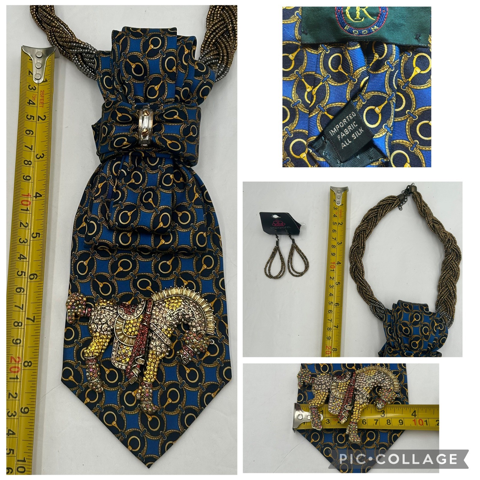 Club Room Silk Tie Horse Necklace Western Equestrian Blue Gold Crystal Brooch