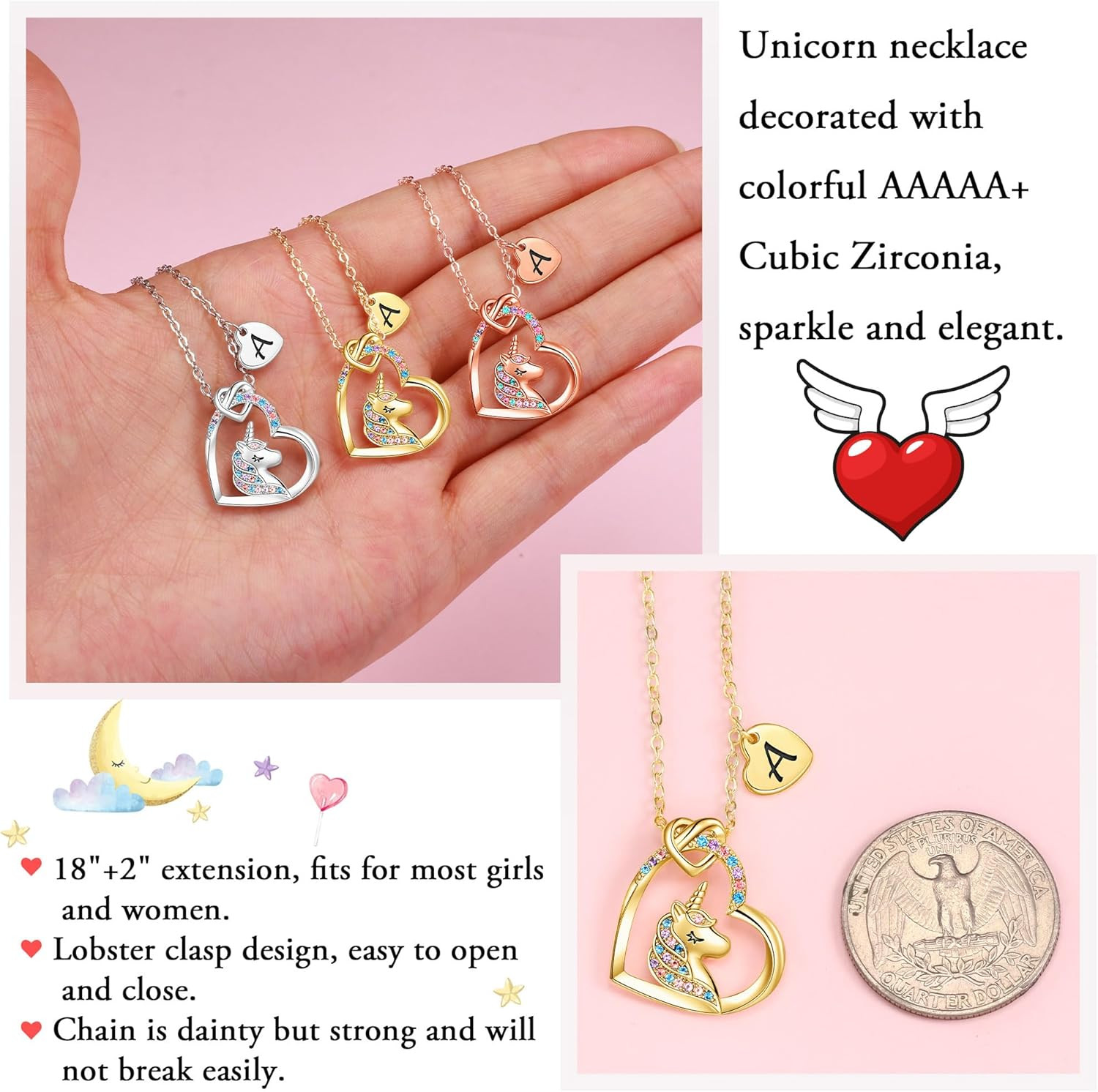 Unicorn Gifts for Girls Necklace – Colorful CZ Heart Pendant Initial Unicorn Nec