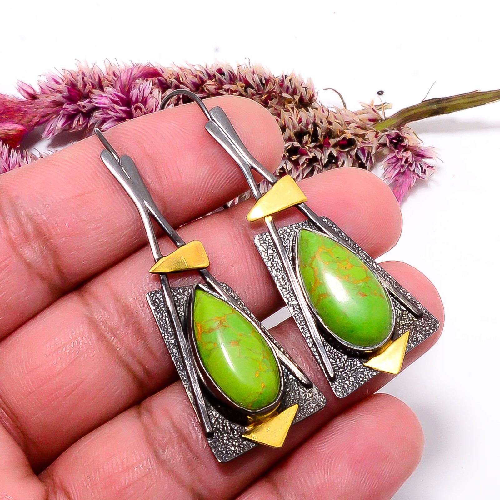 Copper Green Turquoise 925 Silver Black And Gold Rhodium Earring 2.15″ E10376
