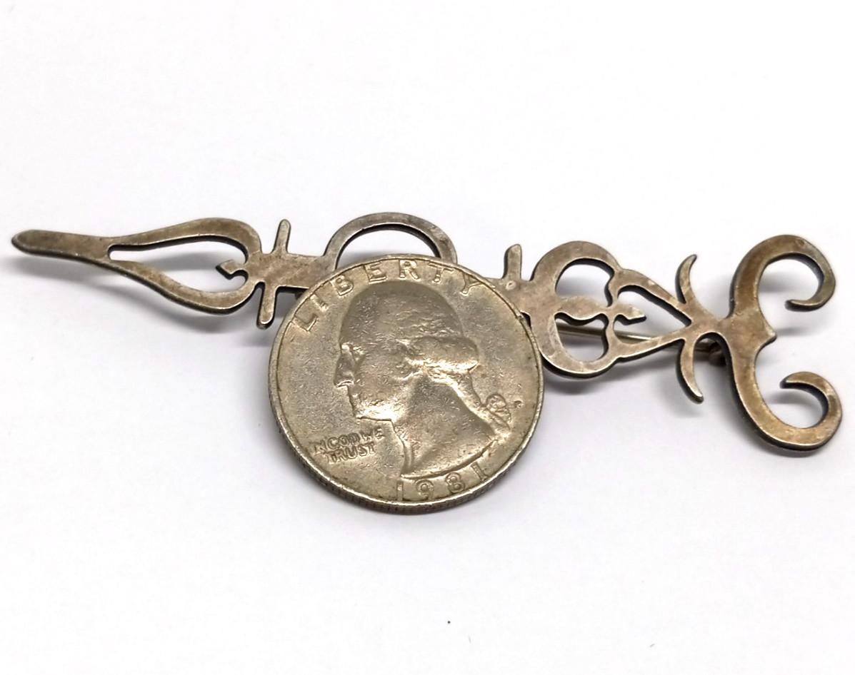 Vintage Silver Tone Scroll 3 Inch Clock Arm Brooch