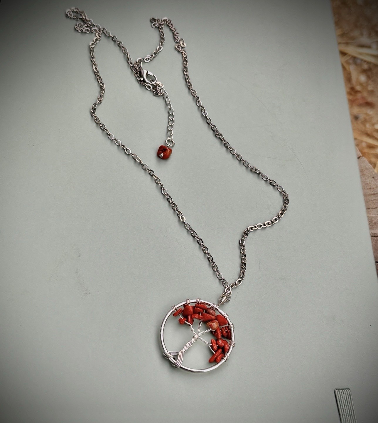 Silver Tone Tree of Life Round Charm Necklace w/ Red Chip Stones, Lobster