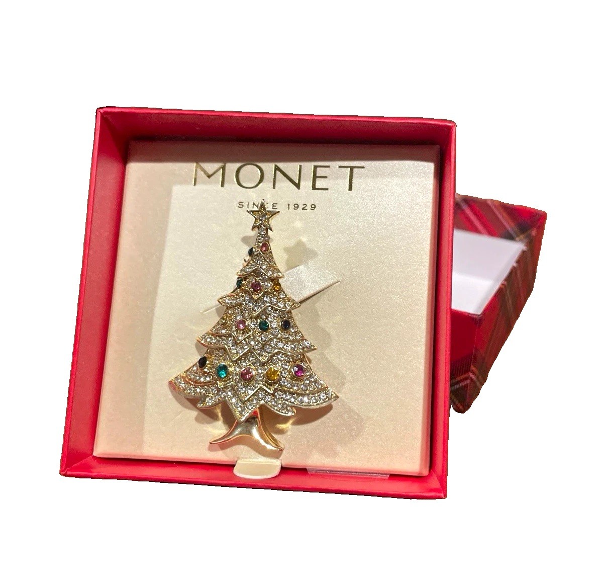 Monet Christmas Tree Brooch Pin Gold Tone Multicolor Pavé Rhinestone Boxed