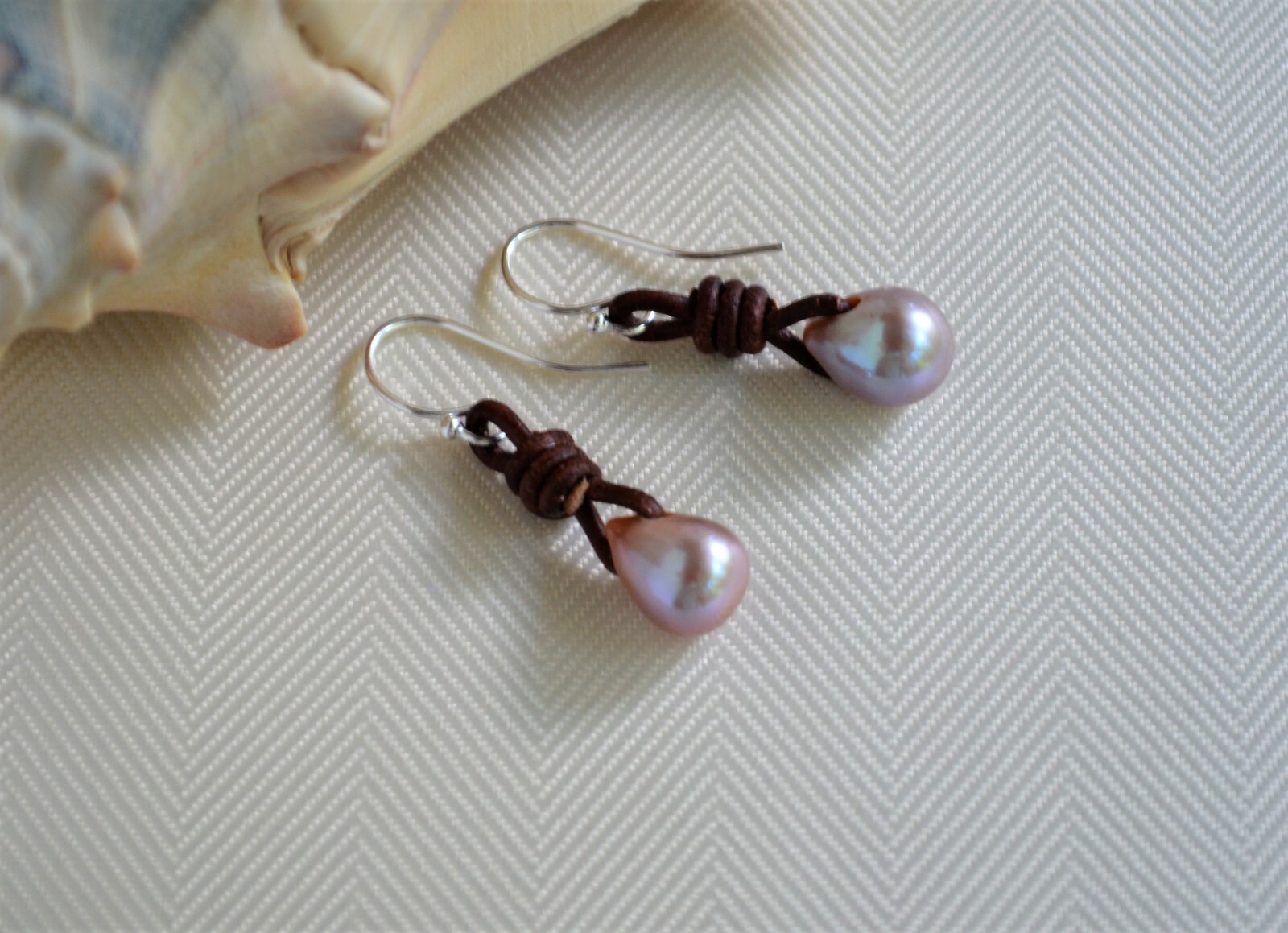 Tea Drop Pearl Earrings Lavender Pearls on Leather Earrings Boho Earrings Yevga