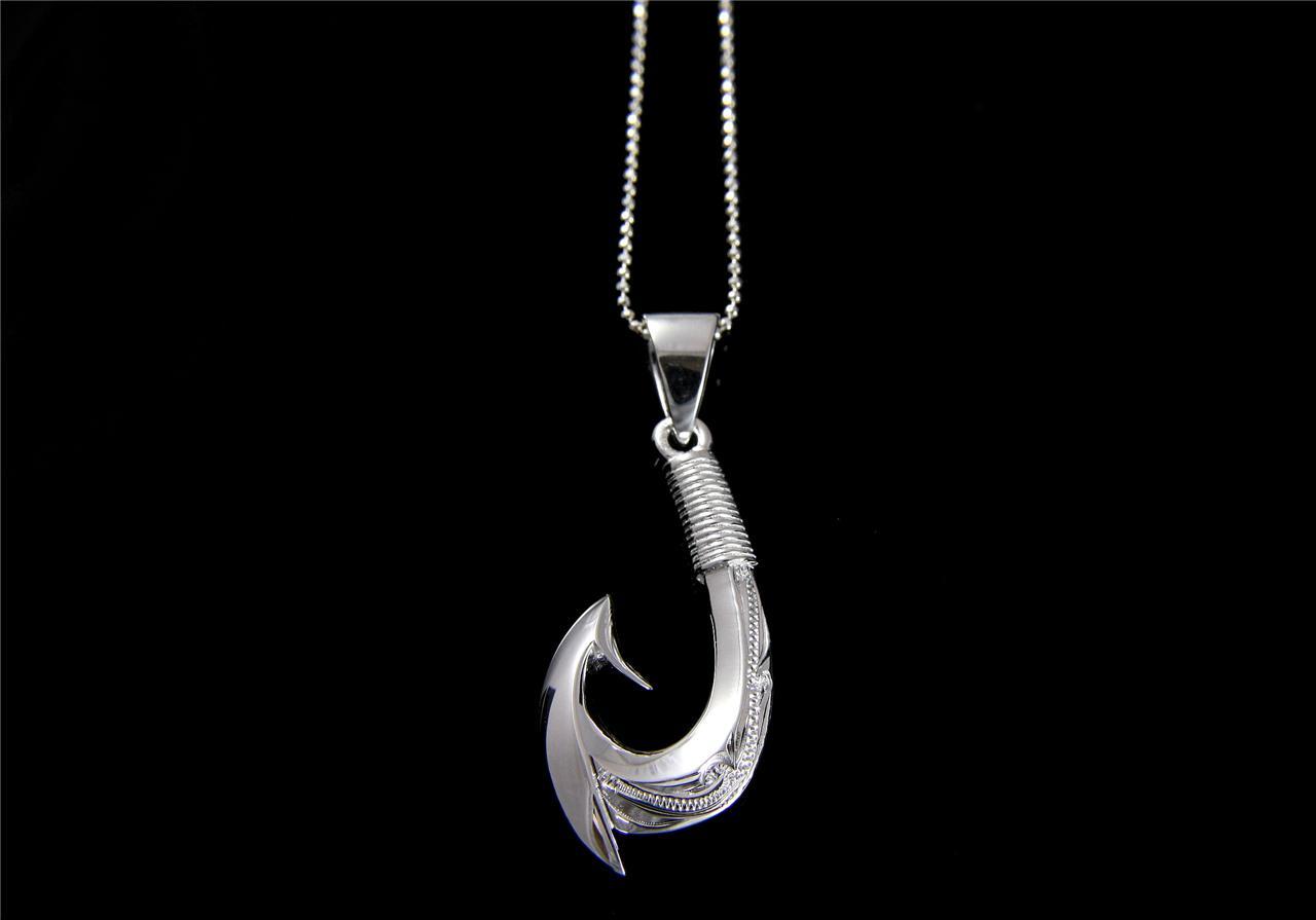 SILVER 925 HAWAIIAN 2 SIDED SCROLL ENGRAVED 3D FISH HOOK PENDANT HEAVY 15MM