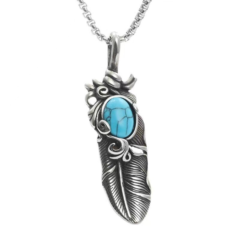 Men Silver Turquoise Feather Pendant Necklace Chain Punk Rock Biker Jewelry Gift