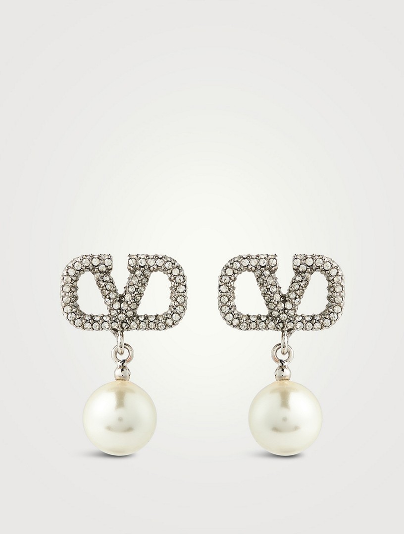 VALENTINO GARAVANI VLOGO Crystal Pendant Earrings With Faux Pearl cream silver