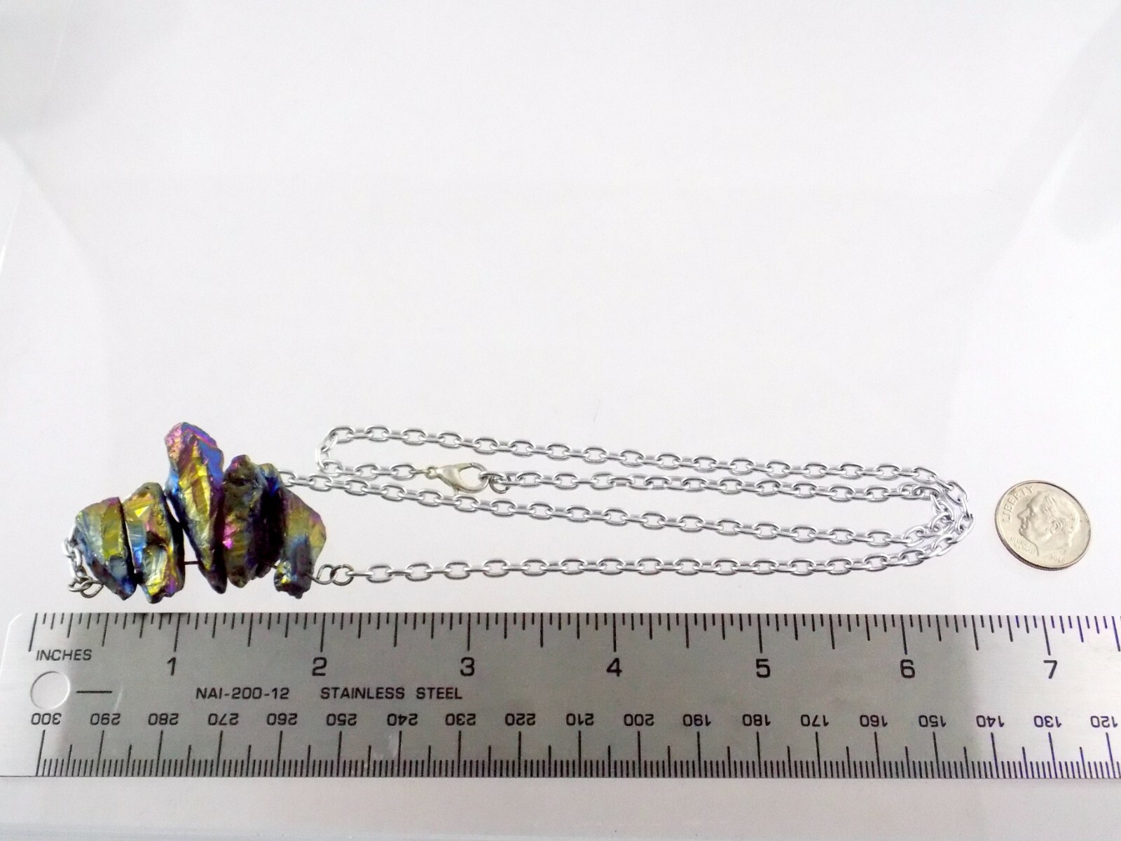 Silver Toned Metal Rainbow Aura Quartz Pendant Necklace No Marks 23.5 Inches