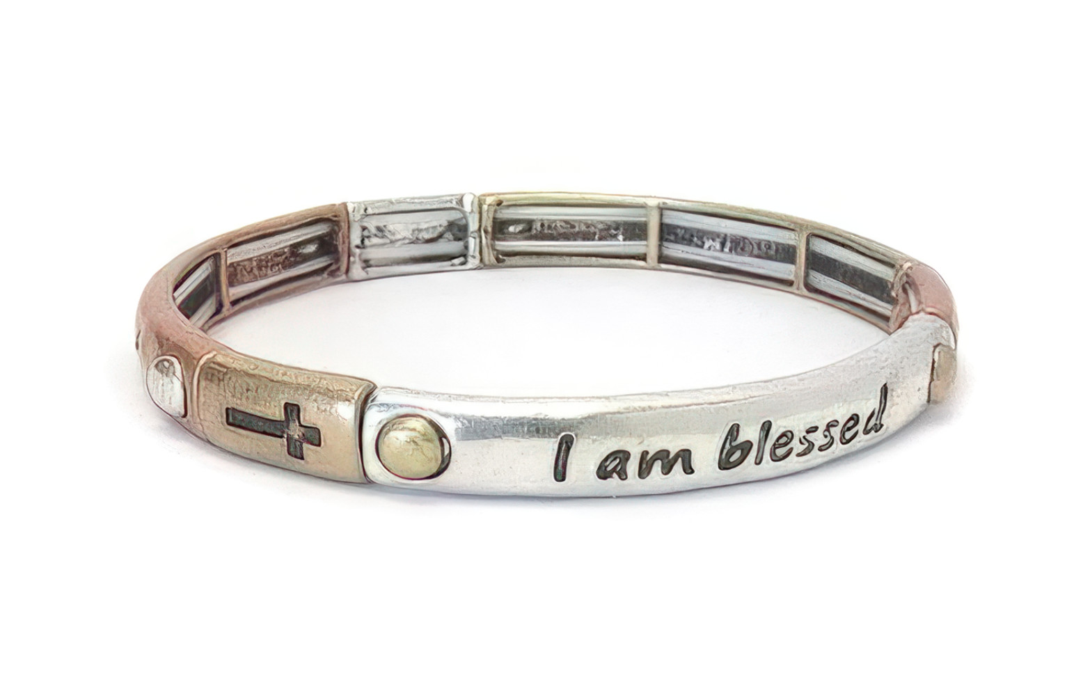 “I Am Blessed” Metal Stretch Bracelet with Crosses – Faith-Filled Everyday Wear