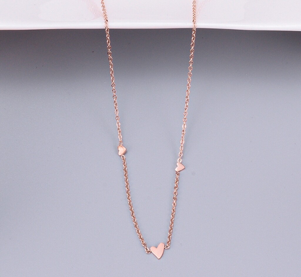 Rose Gold Plated Titanium Stainless Steel 3 Hearts Love Chain Necklace 16-18″