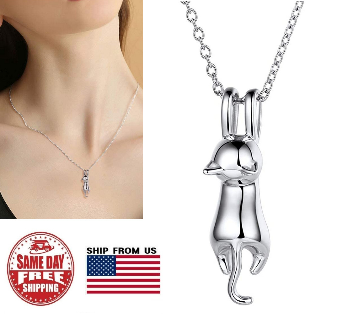 Cat Pendant Necklace Kitty Chain Silver Womens Girl Jewellery Cat Necklace USA