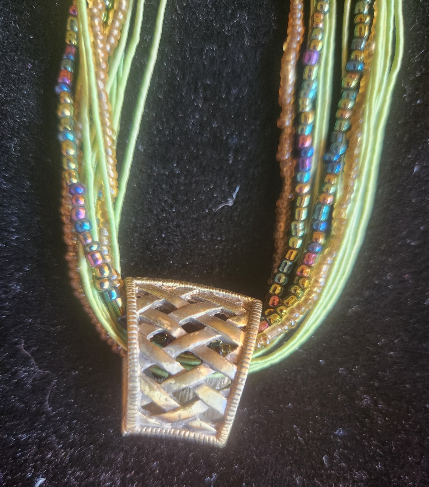 Chicos Statement Necklace pendant greens chunky Multi colored beads and Strands