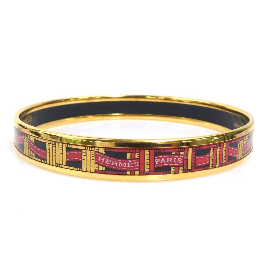 HERMES Email Bangle Bracelet Women’s Gold Black Red e61813a 7.5in Enamel