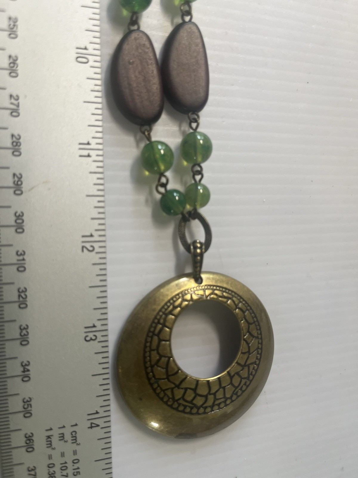BOHO BEADED NECKLACE W/ROUND BRASS PENDANT 28″ SALE!