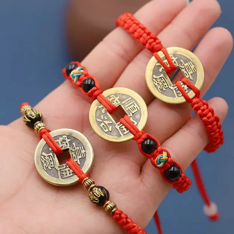 Lucky Five Emperor Money Real Copper Coin Braided Red Rope Bracelet Good Luck