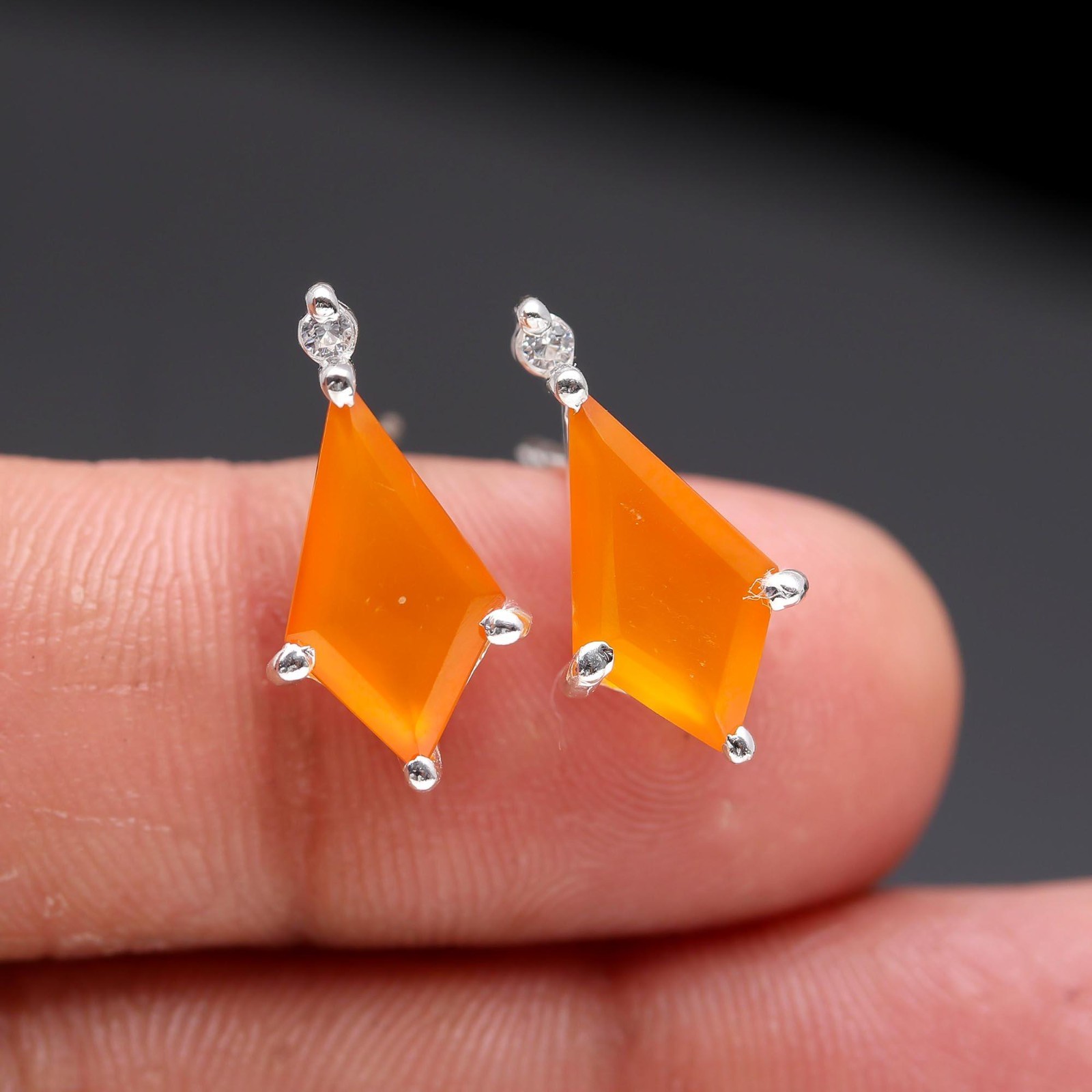 100% Natural Chalcedony Kite Stud Earrings 925 Sterling Silver Handmade Jewelry