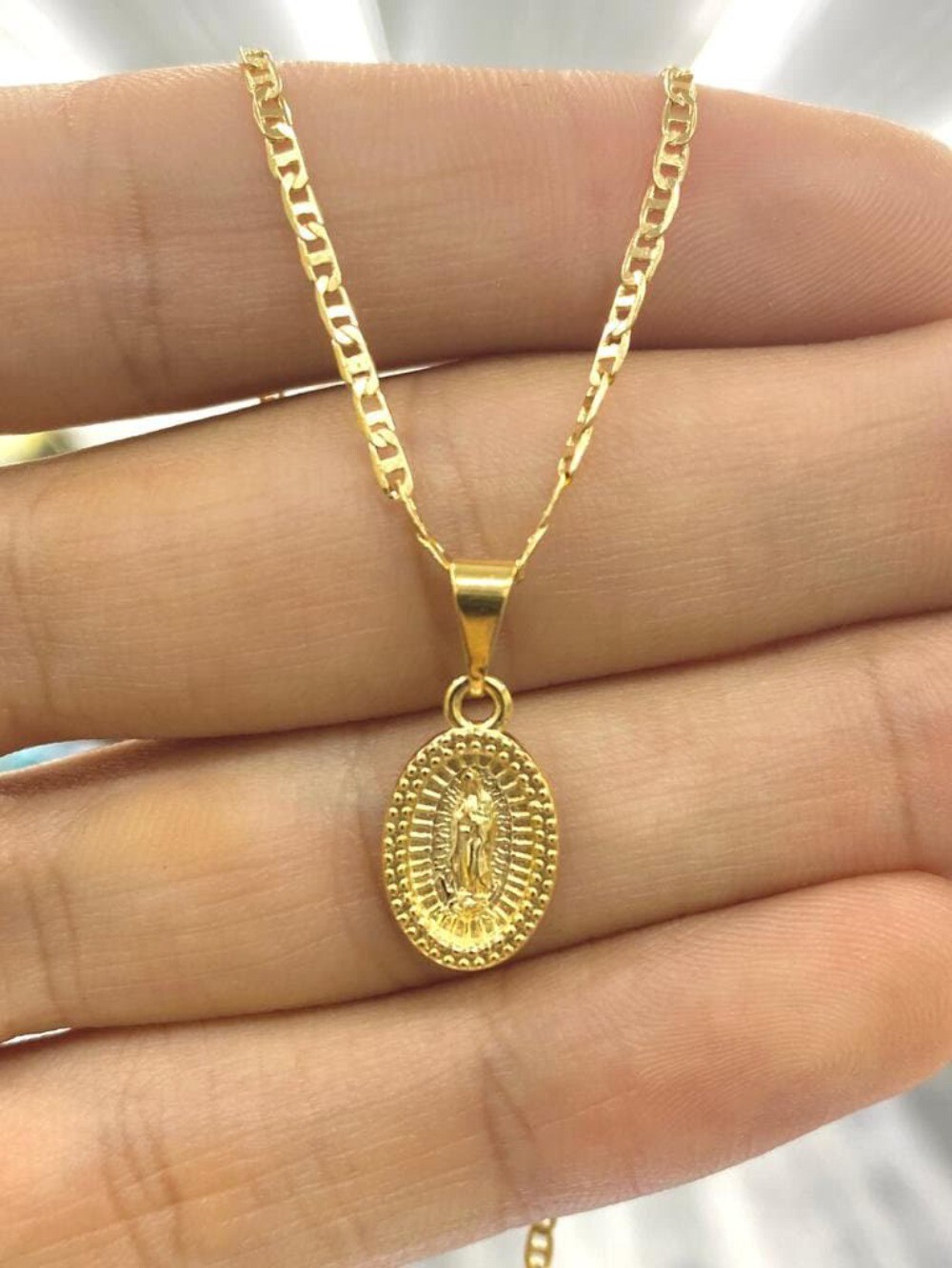 14K Gold Filled Our Lady of Guadalupe Necklace Pendant Medal Family Jewelry 14×8