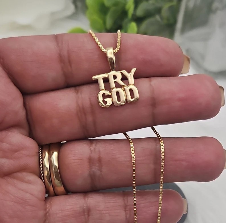 Gold TRY GOD Necklace, 14k Heavy Plated Gold, 1mm Box Style Chain