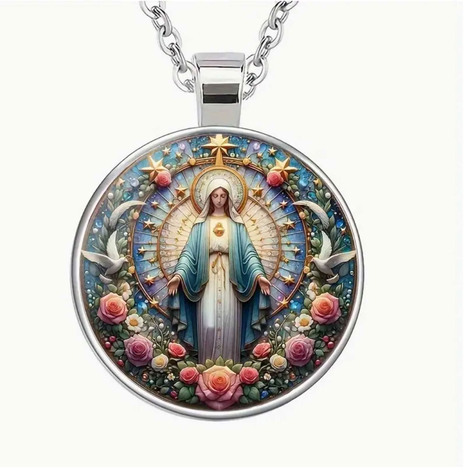 Retro Virgin Mary Pattern Print Pendant Necklace, Gift for Religious Believers