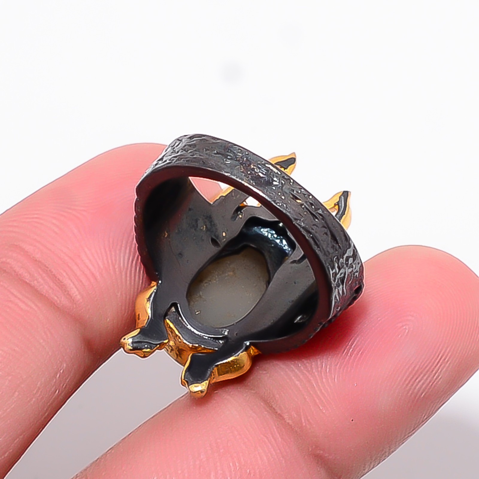 Silver Titanium Agate Drusy 925 Sterling Silver Frog Ring S.8 R8752