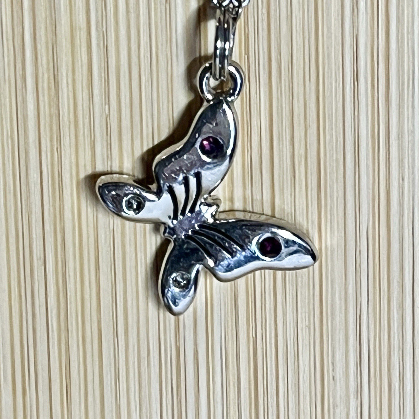 Silver Butterfly Pendant Necklace 4 Purple Rhinestones 17 In Chain Lobster Clasp