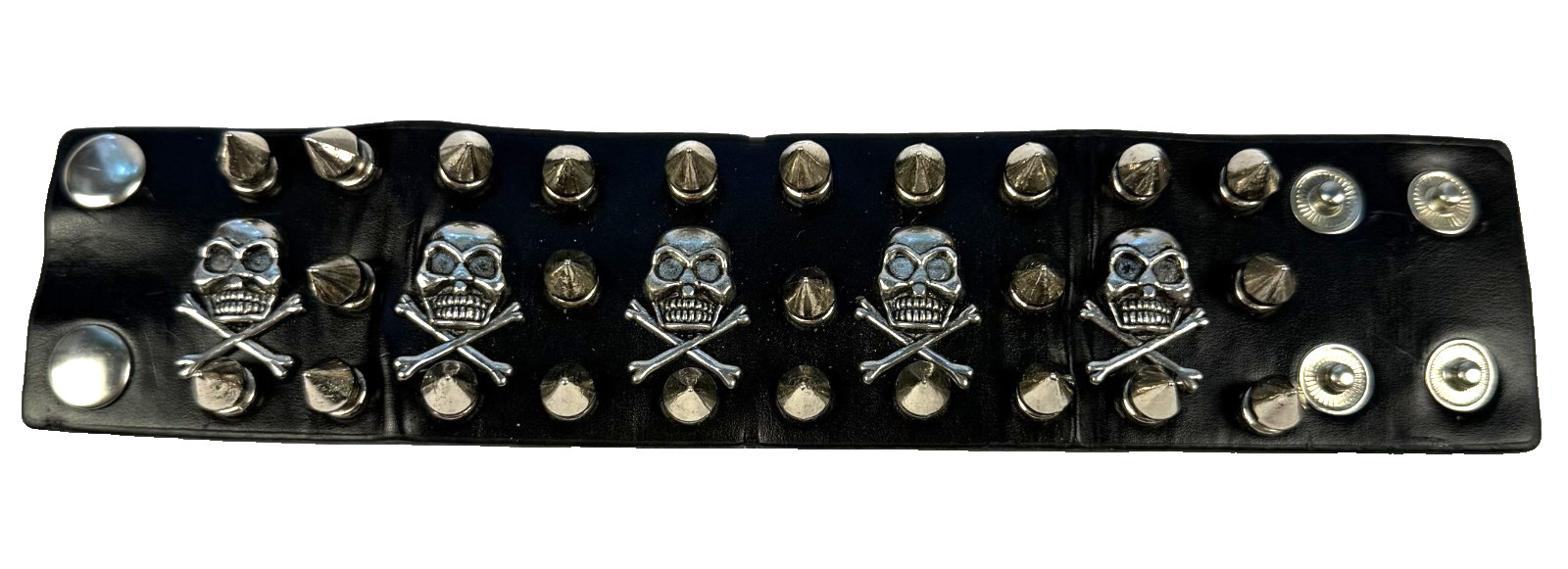 Black Leather Punk Silver Spikes & Skull Studs Gothic Wide 8 5/8 inch Bracelet