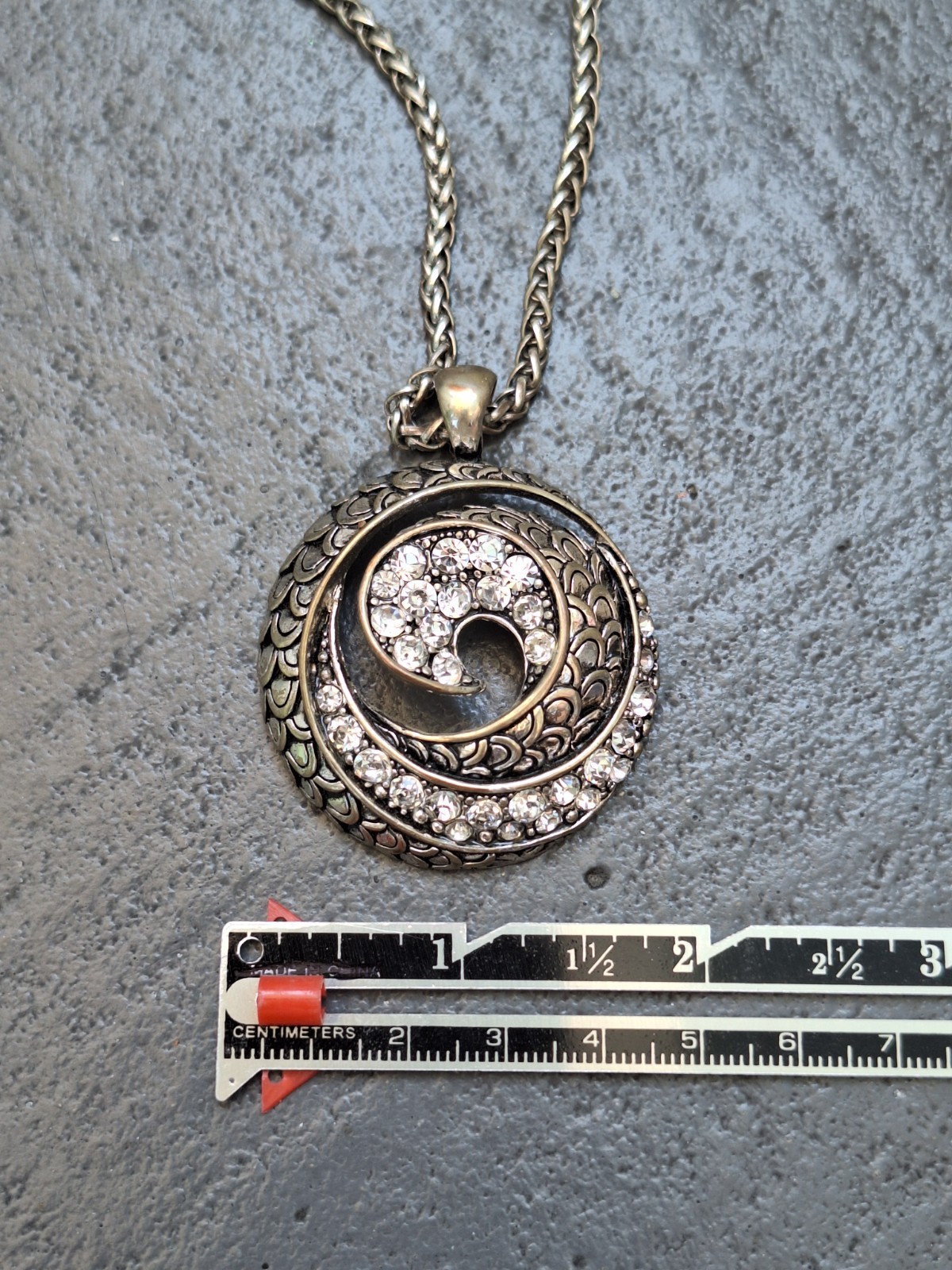 Crescent Swirl spiral wave round metal pendant necklace + crystals vintage