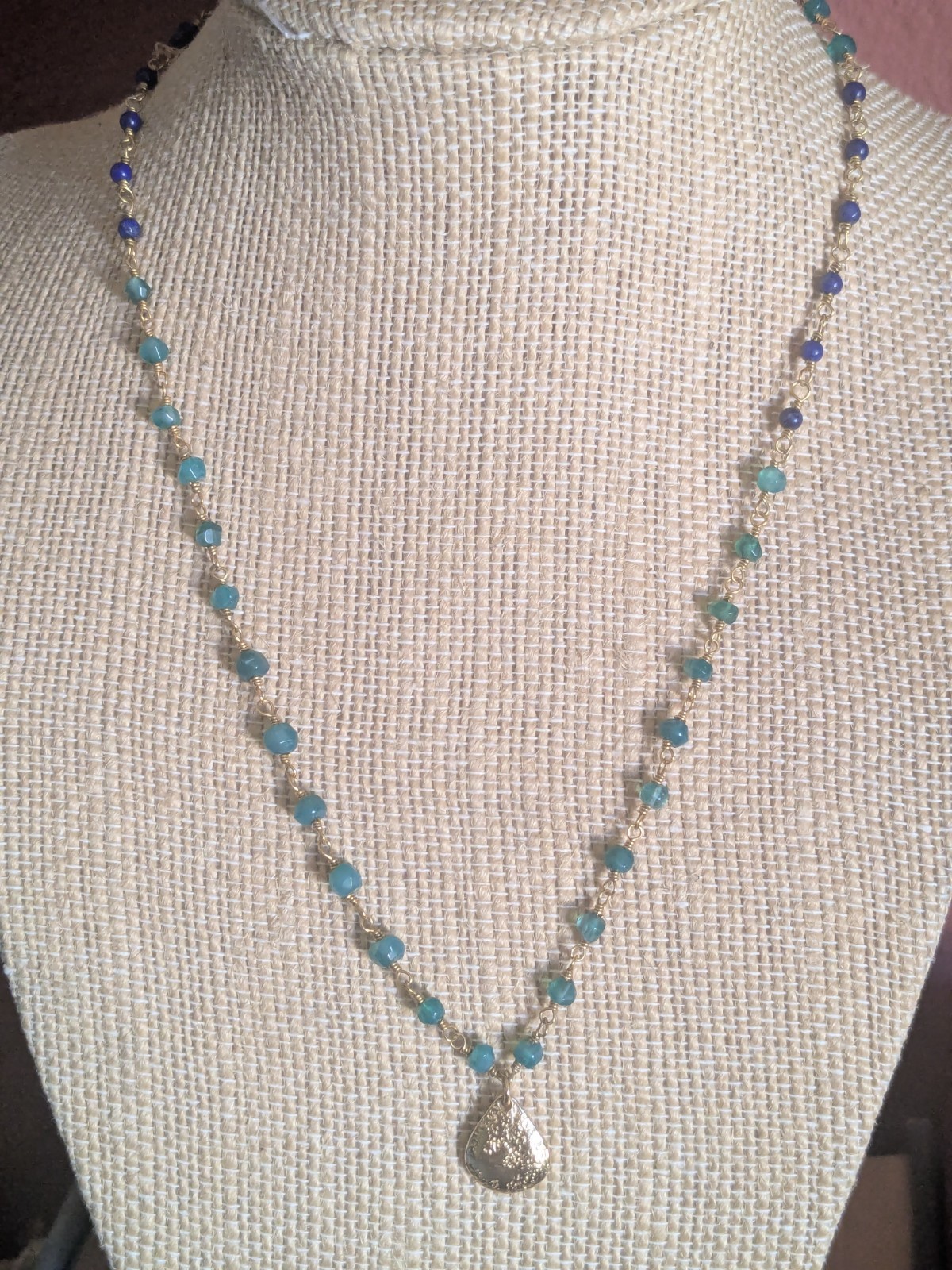 Stella and Dot rosary chain necklace green blue goldtone 16″ 18″ layering fairy