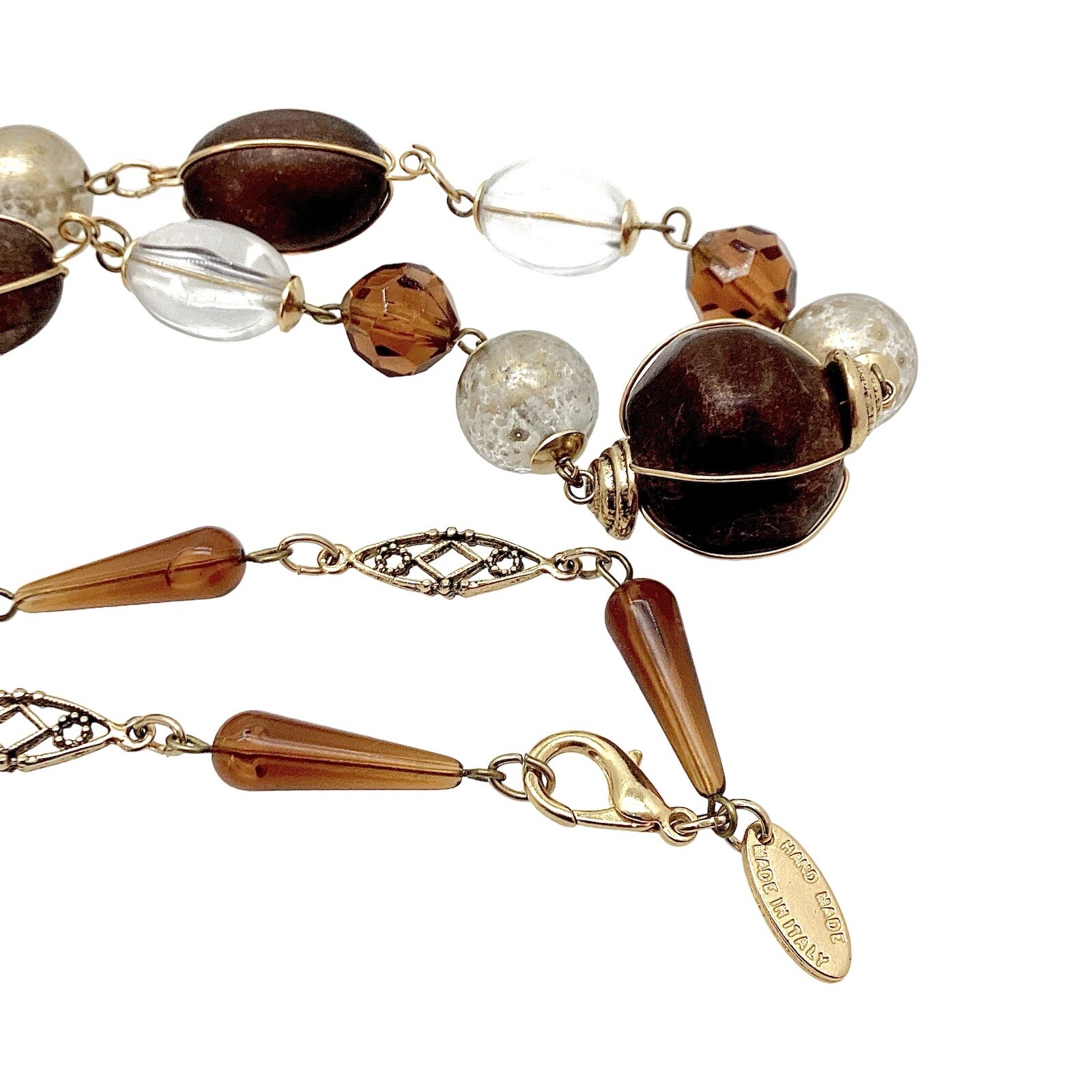 Italy Express 36” Long Beaded Necklace Gold Tone Mixed Materials Statement
