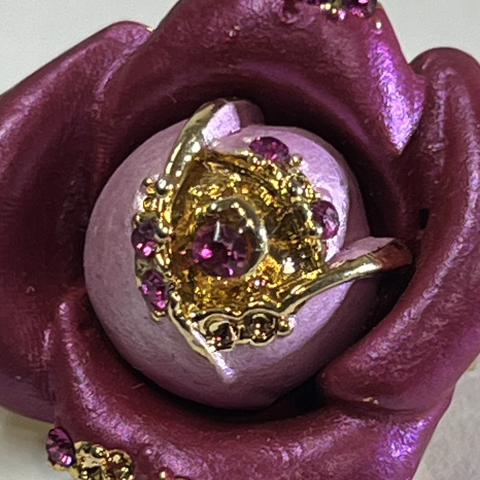 Purple Rose Flower Brooch Pin Gold Tone Metal with Pink Rhinestones 1 in