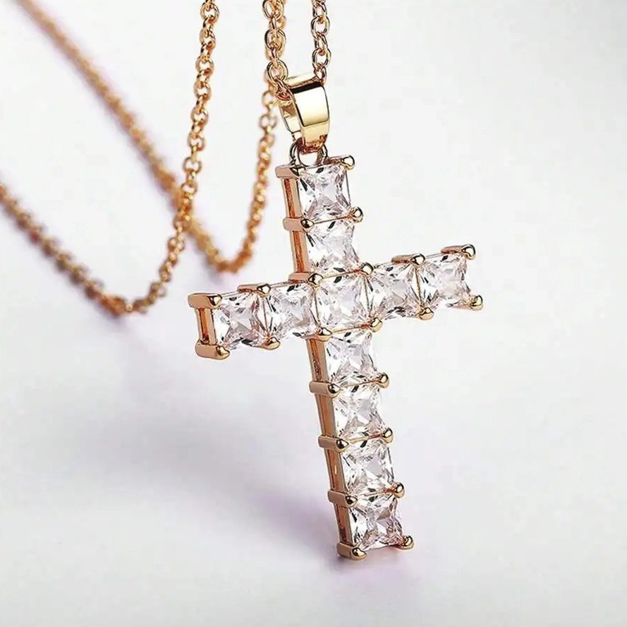 1pc Gold Crystal Jesus Cross Pendant Necklace Man Women Fashion Jewelry – NEW