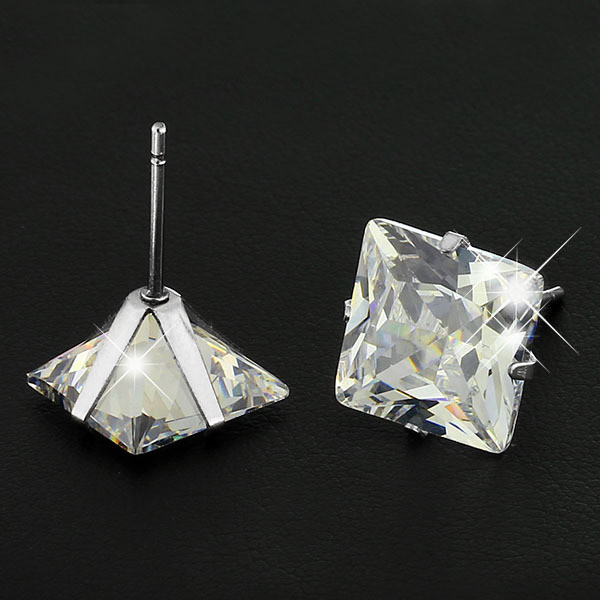 Surgical 316L Stainless Steel Stud Earrings Cubic Zircon Square Men Women 2PC