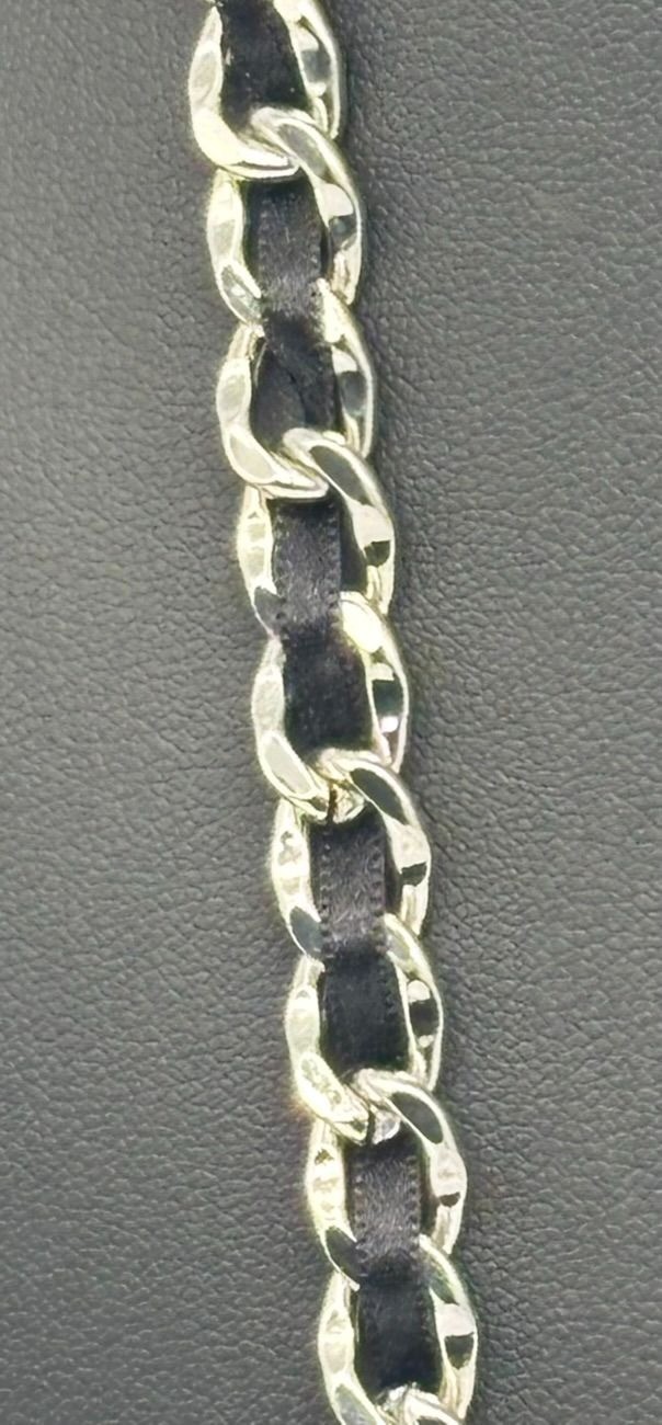 White House Black Market Silver-Tone Links W/Black Ribbon Double Tassel Necklace