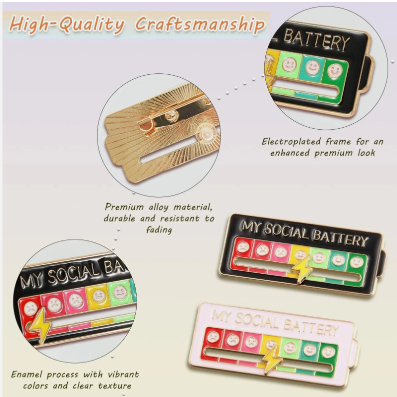 Funny Social Battery Cute Interactive Pin Slider Pin – 7-Mood Expression Badge,