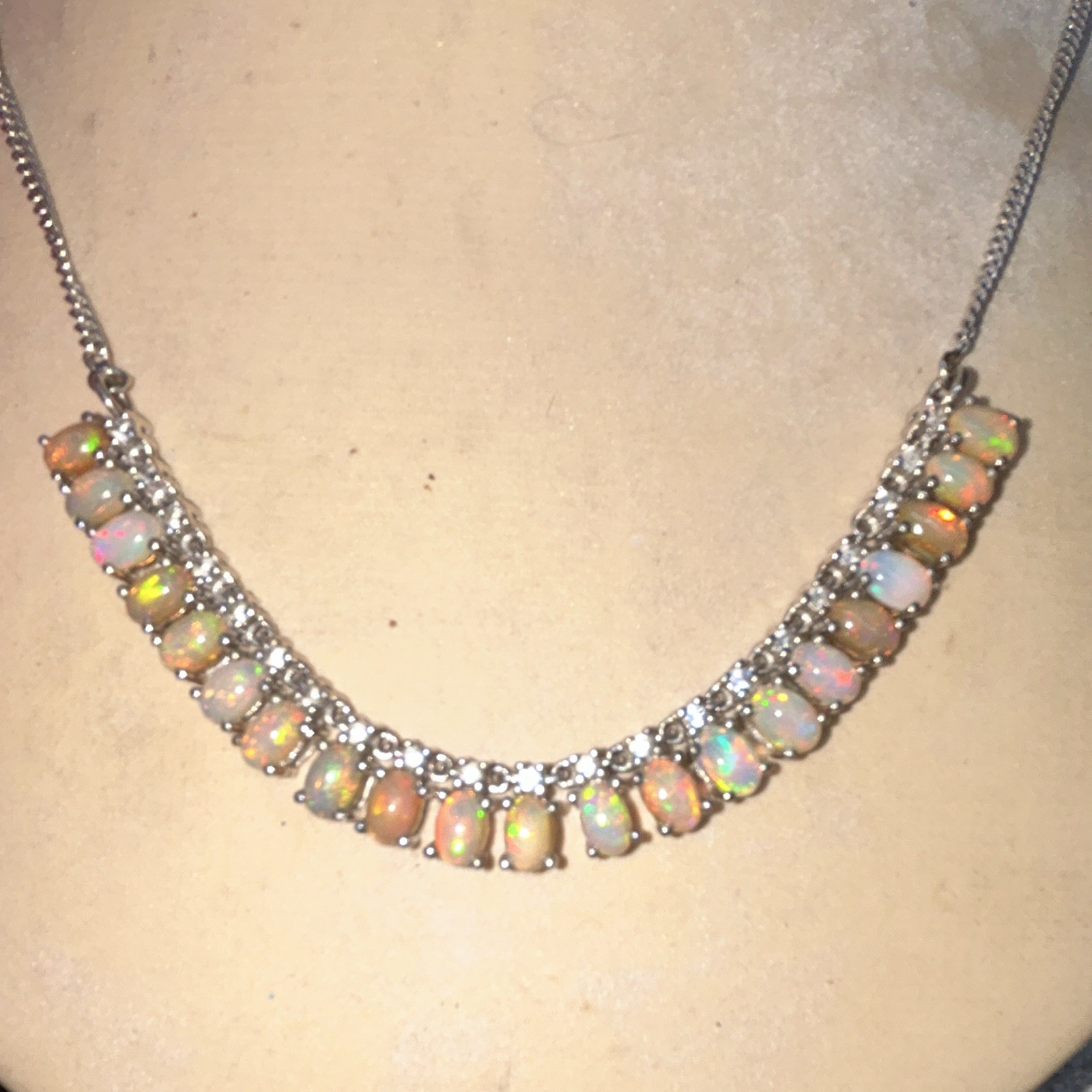 925 SS Oval Opal & Crystal Bar Necklace, Box Chain, 2 inch lengthener