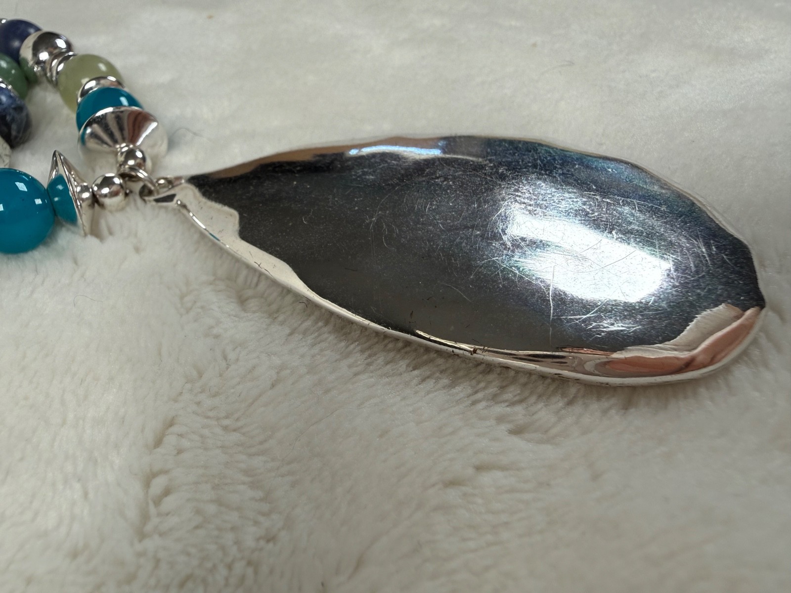 Boho Beaded Statement Necklace Brown Suede Cord Blue Green Beads Silver Pendant