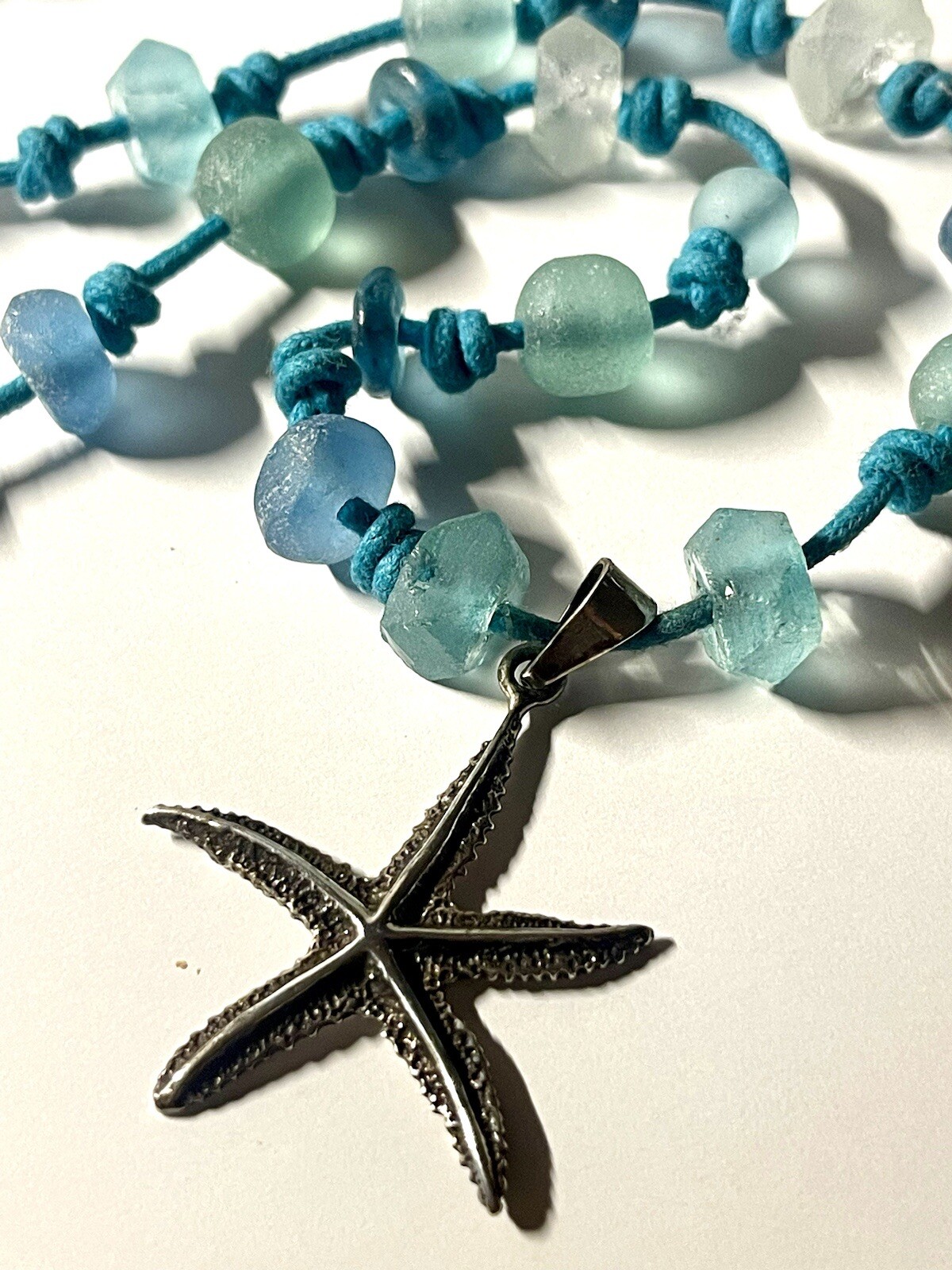 Sterling 925 Star Pendant On Fashion Blue Chord Necklace WithChunky Blue Accents