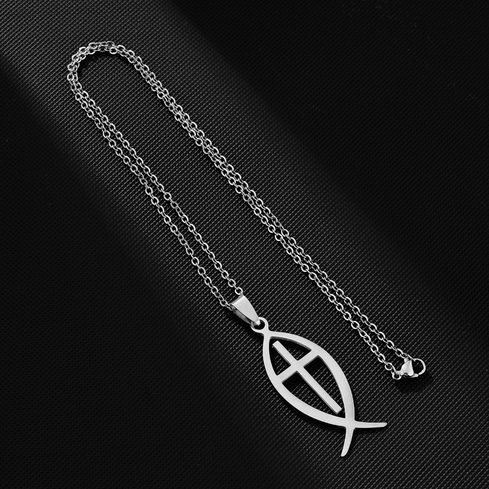 Stainless steel Christian Faith Symbol Fish Hollow Cross Pendant Necklace Gift