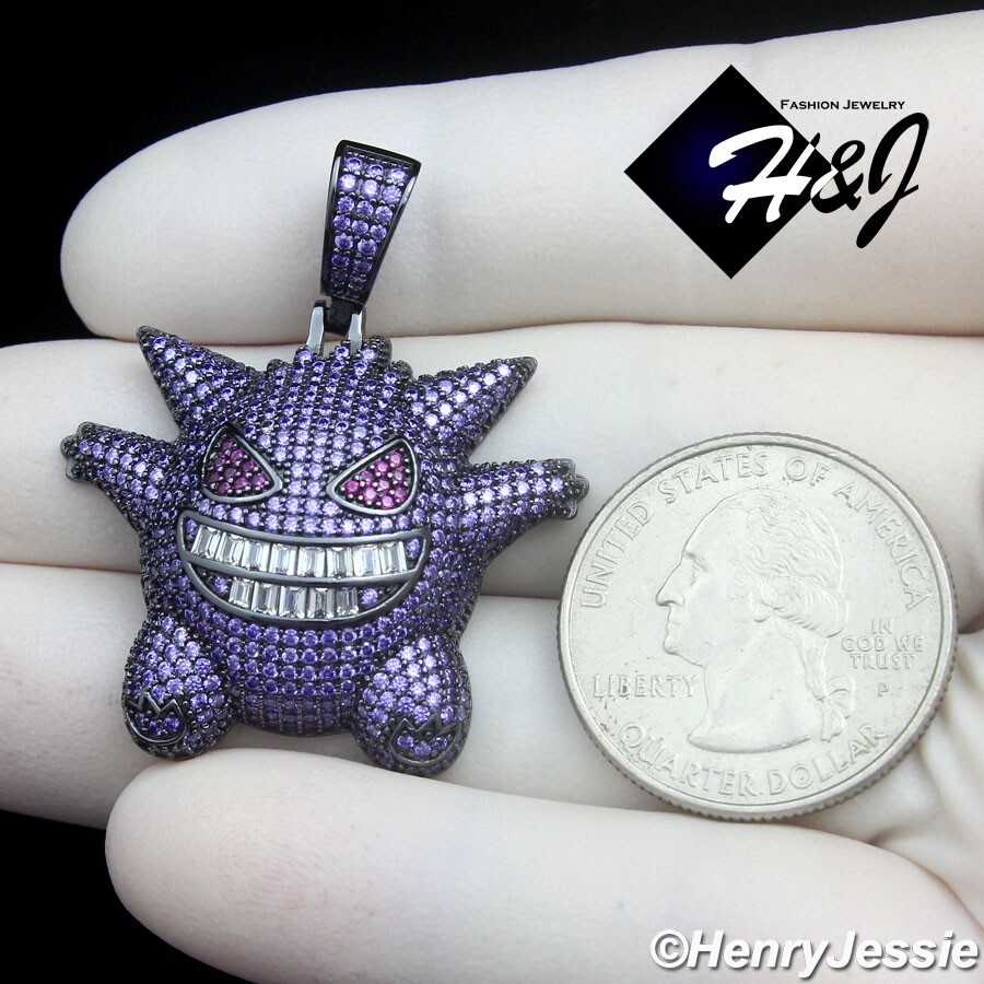 MEN 925 STERLING SILVER ICY PURPLE CZ 3D BLACK PLATED HIPHOP GENGAR PENDANT*P504
