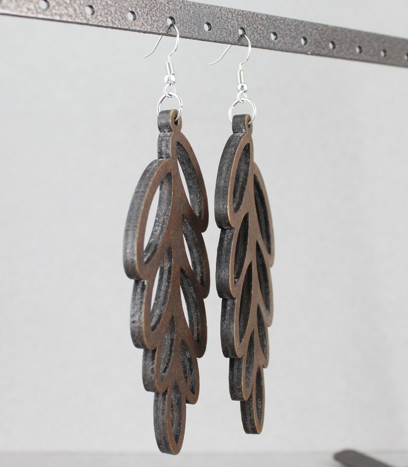 dark Brown wood leaf earrings dangle lightweight wood 4 3/8″ long feather vine