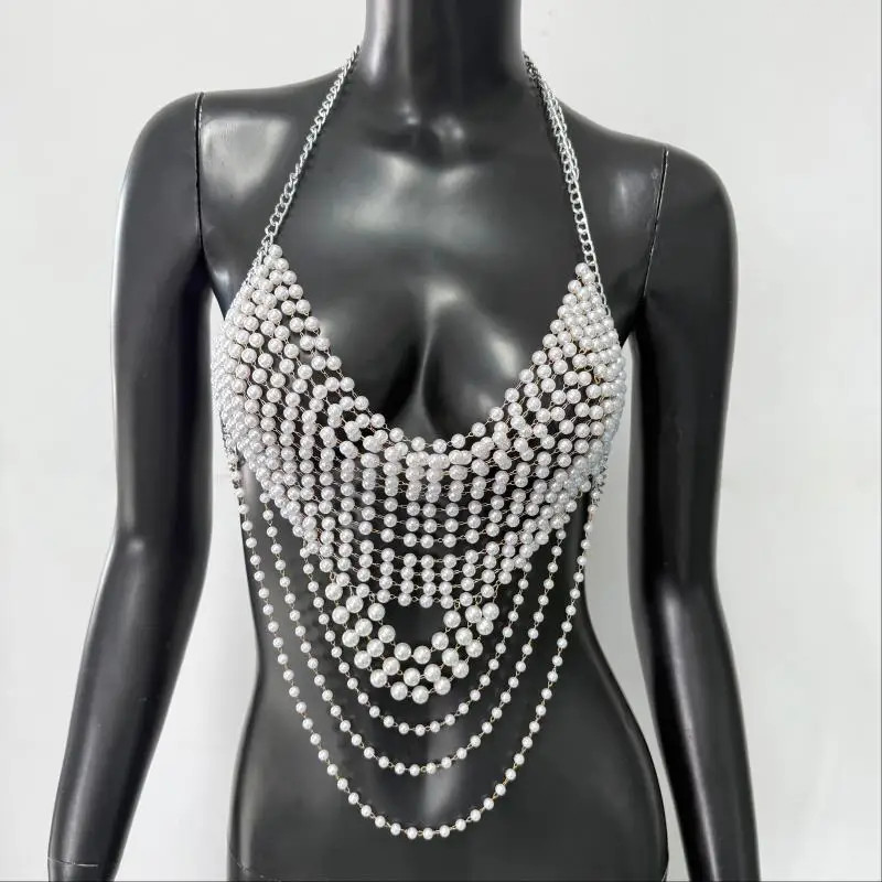 Body Chain White Pearl Suspender Silver Chain Top Metal Layered pearl